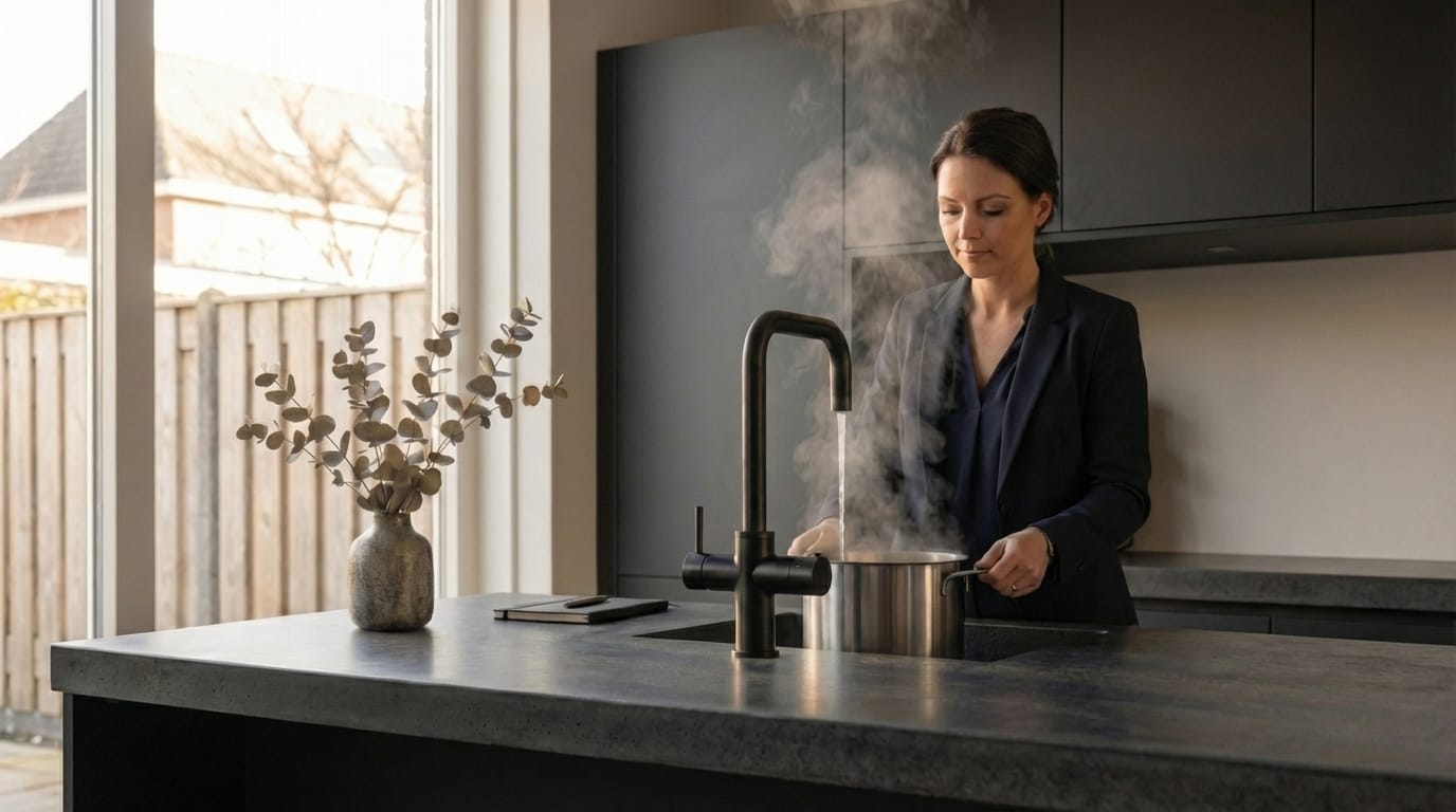 Zwarte kokend water kraan in donkere, moderne keuken Kokend water kraan wordt gebruikt om pan te vullen